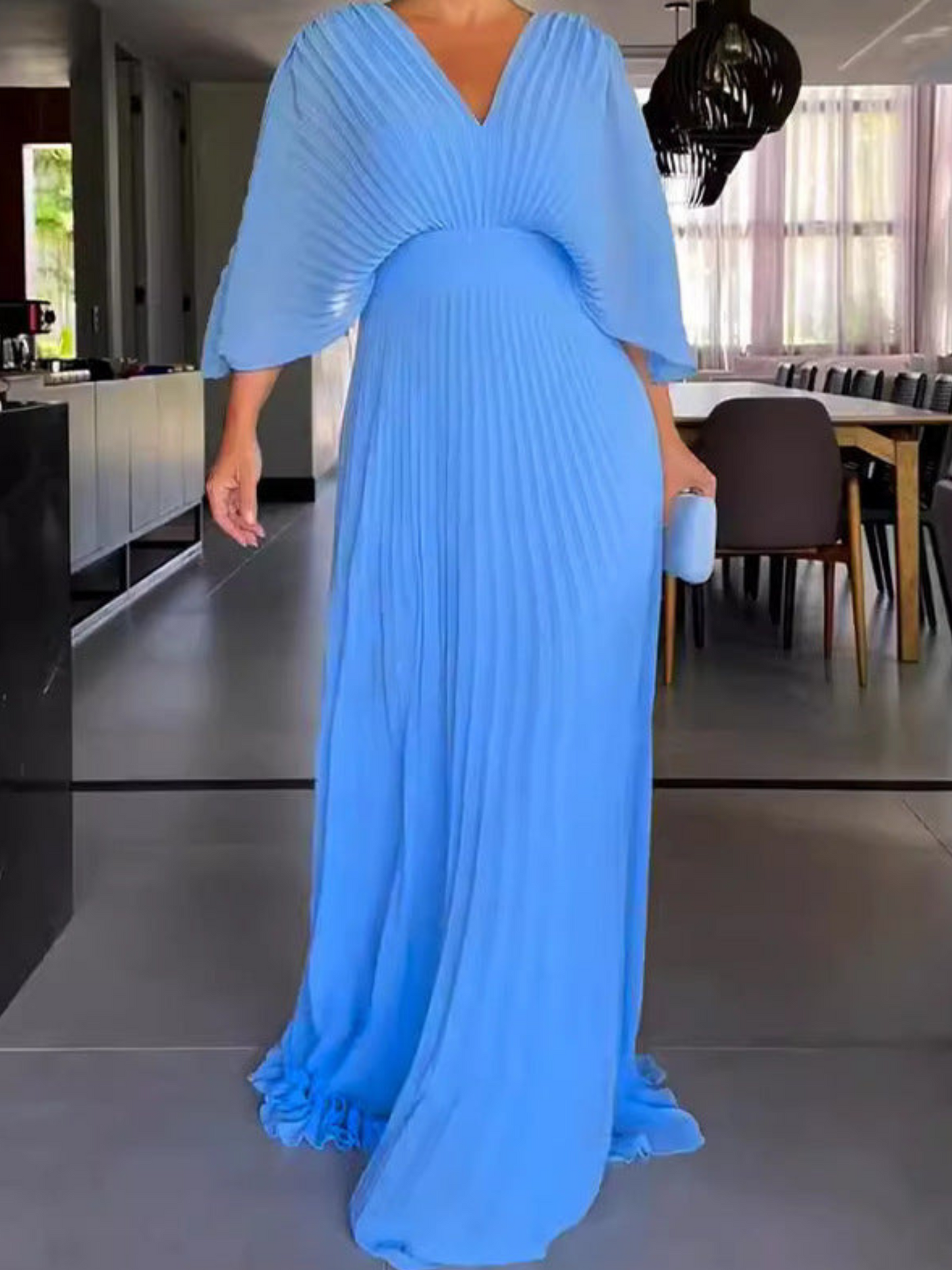 Valerija - Pleated V Neck Maxi Dress Short Sleeve