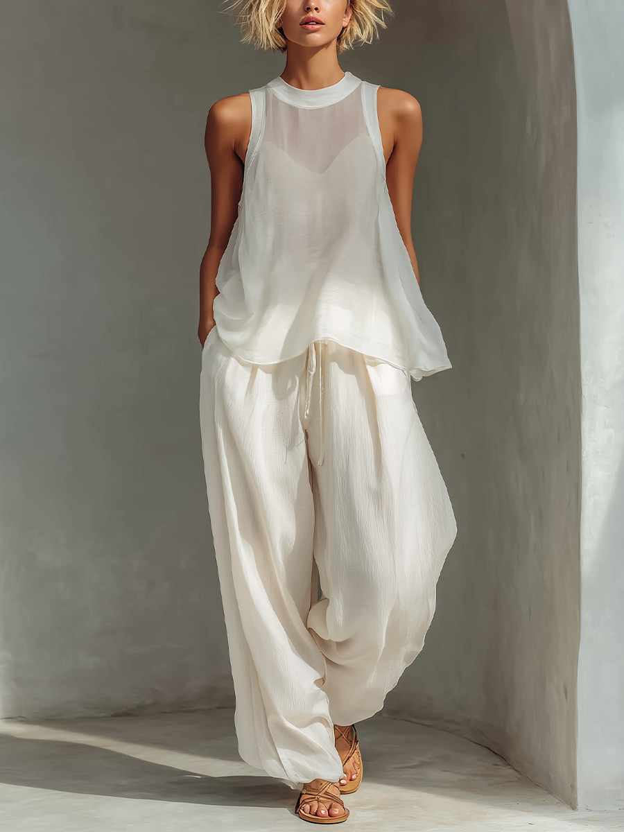 Olivian | Sleeveless Sheer Wide Leg Two piece Set