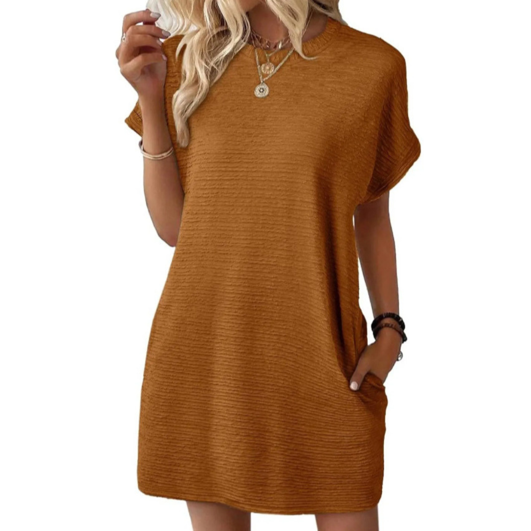 Elviaa - Textured Pocket Mini Dress Short Sleeve
