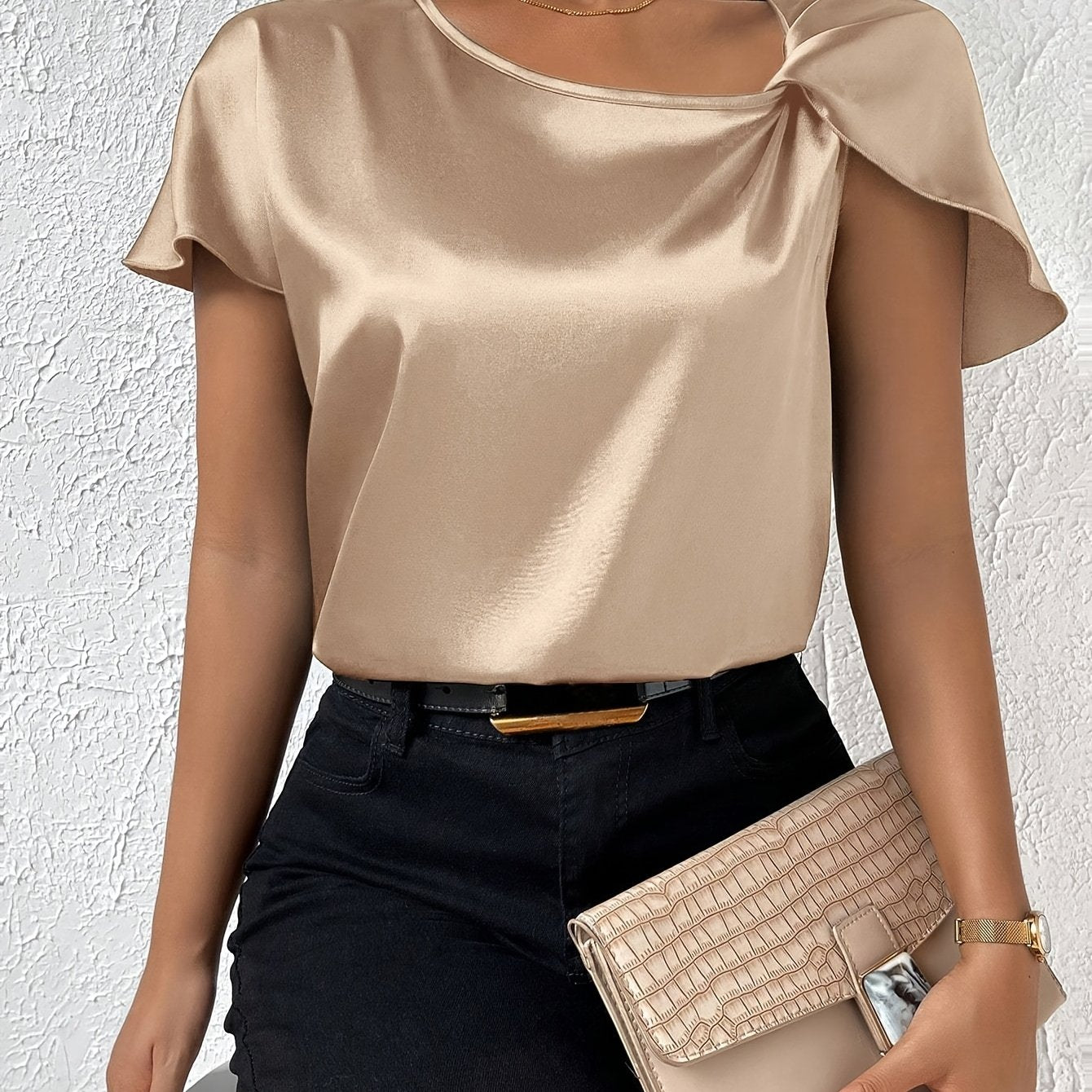 Loretta | Blouse Satin Look Draped Short Sleeve Top