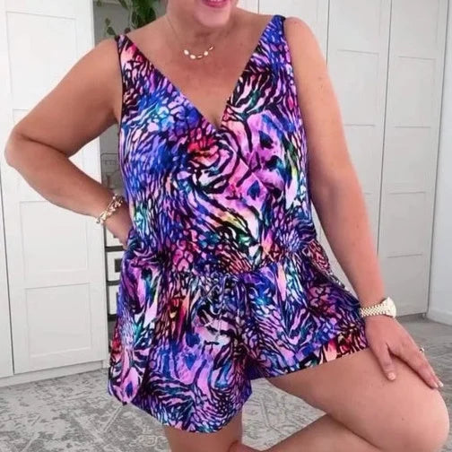 Evdoxia | Sleeveless V-Neck Printed Swim Romper