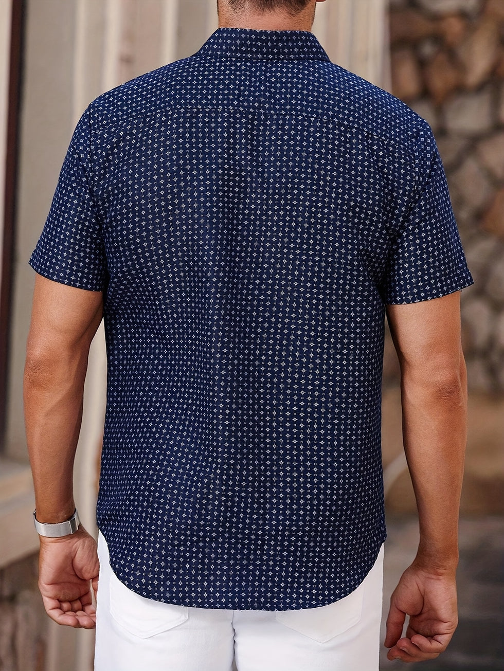 Orvian | Button Shirt Navy Geometric Print Short Sleeve