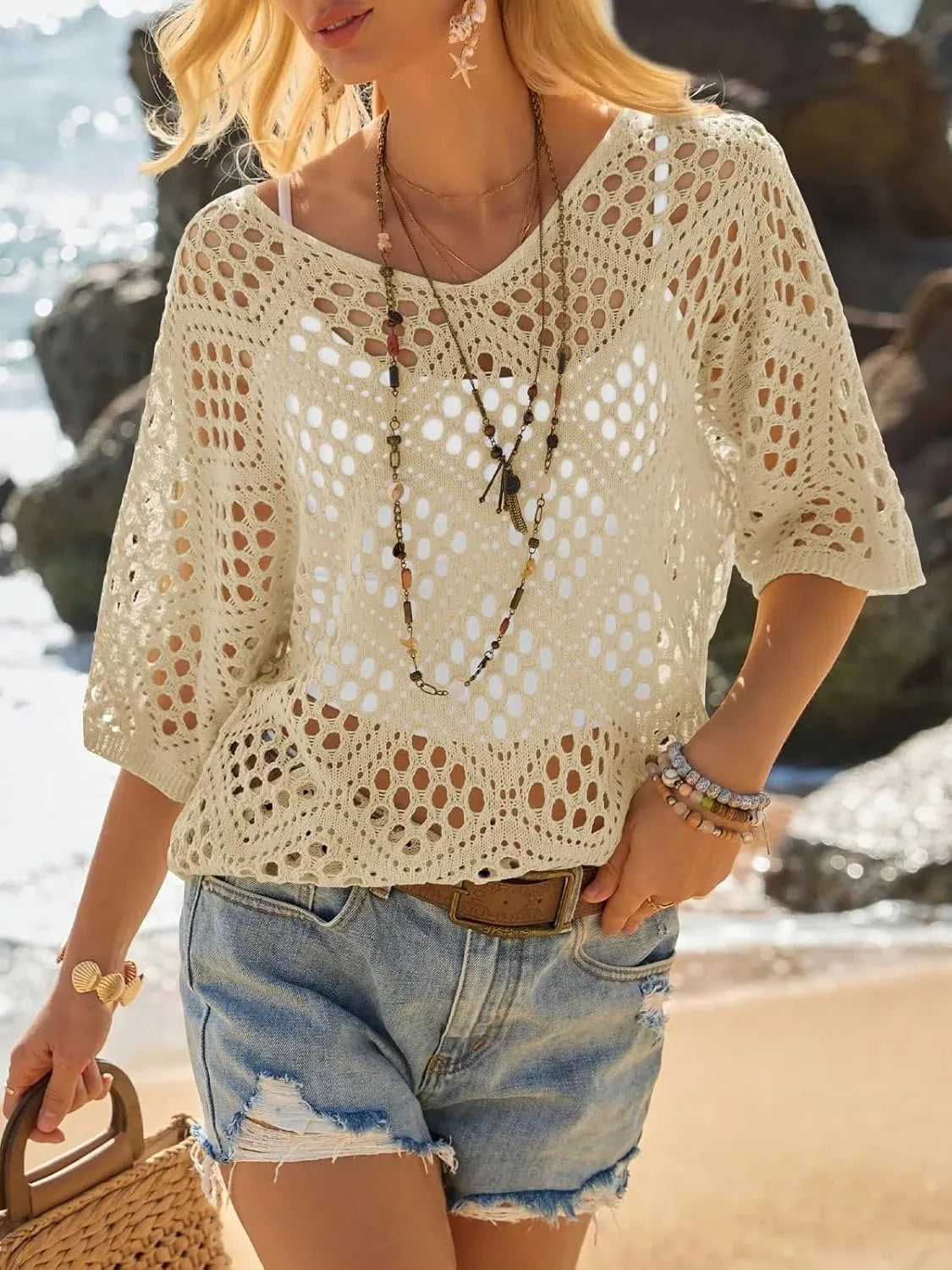 Raissa - Knitted V Neck Openwork Beach Top