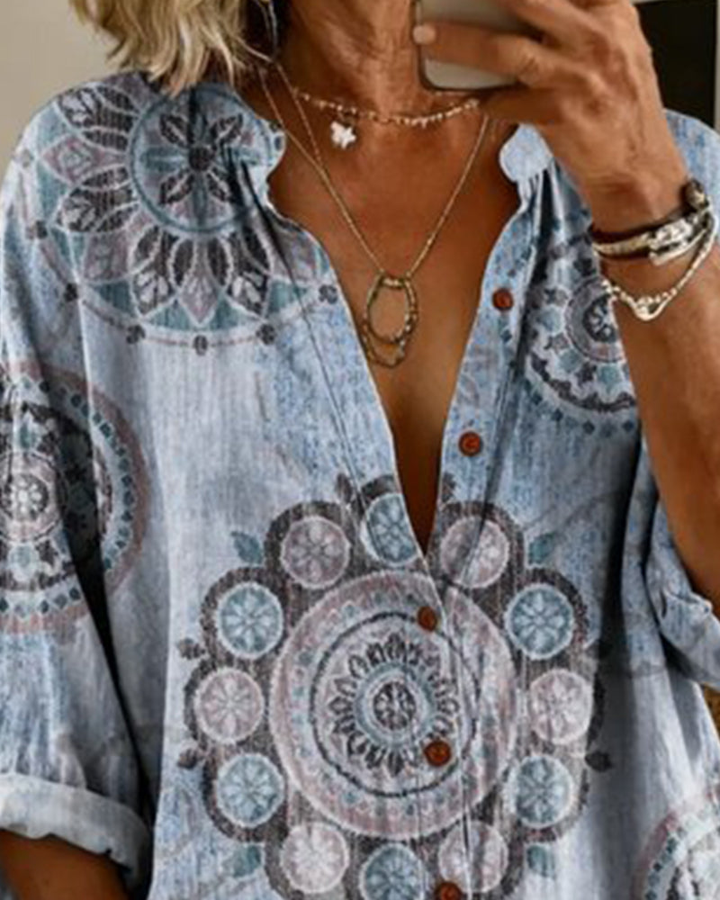 Nirita - Mandala Print Button Front Long Sleeve Shirt