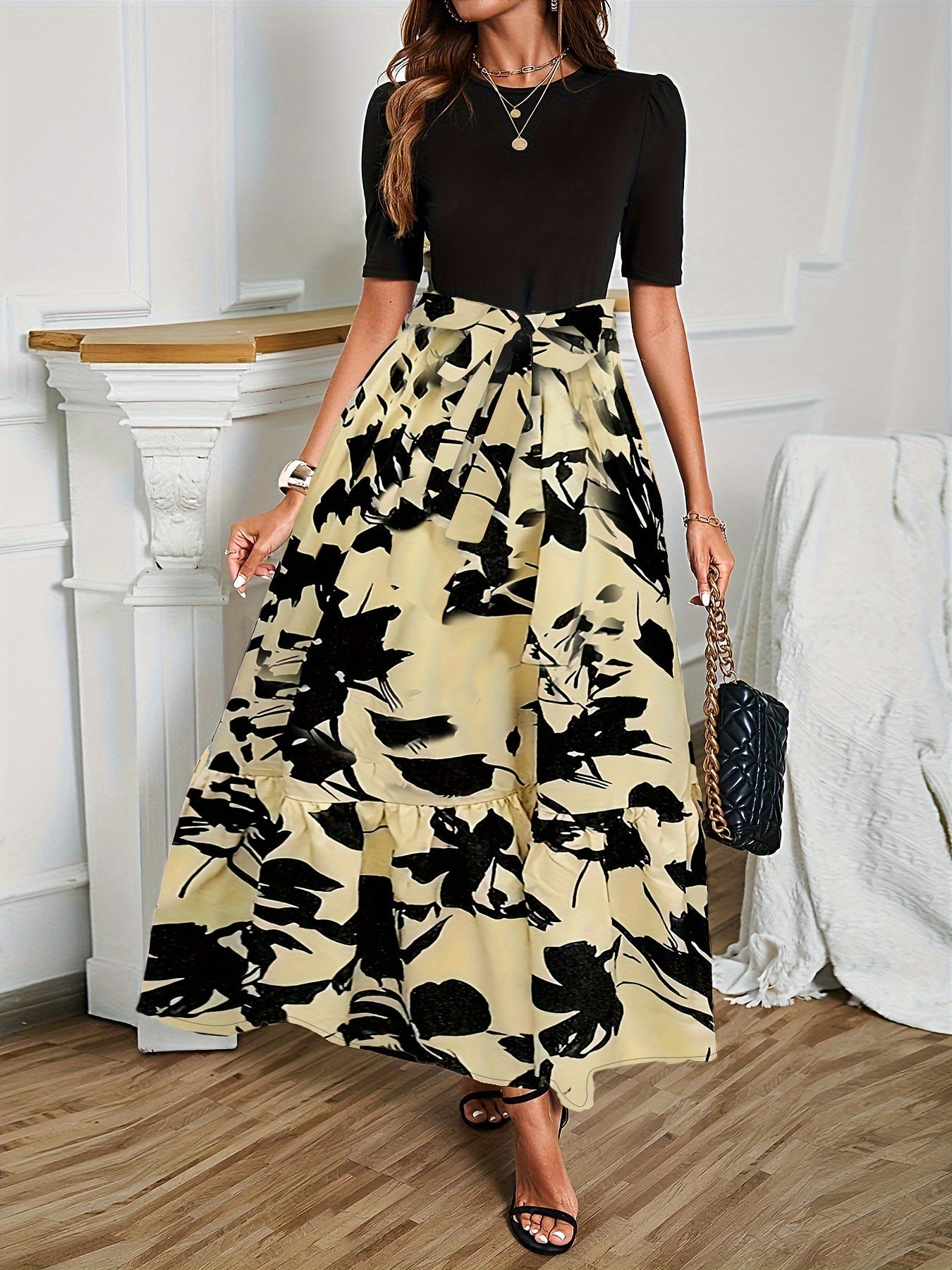 Nuray | Dress with Floral Skirt and Tie Waist