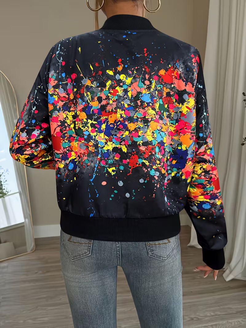 Deloova | Abstract Print Bomber Jacket with Zip Front