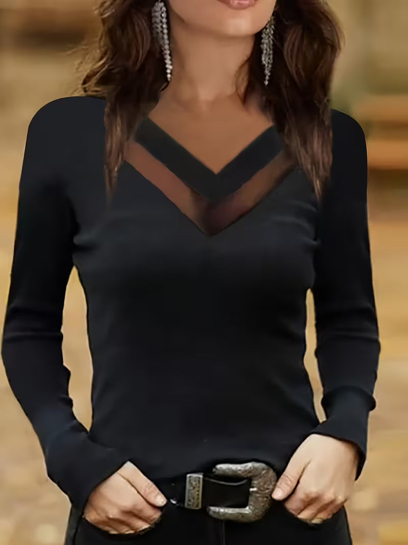 Mesha | Long Sleeve Mesh V Neck Top