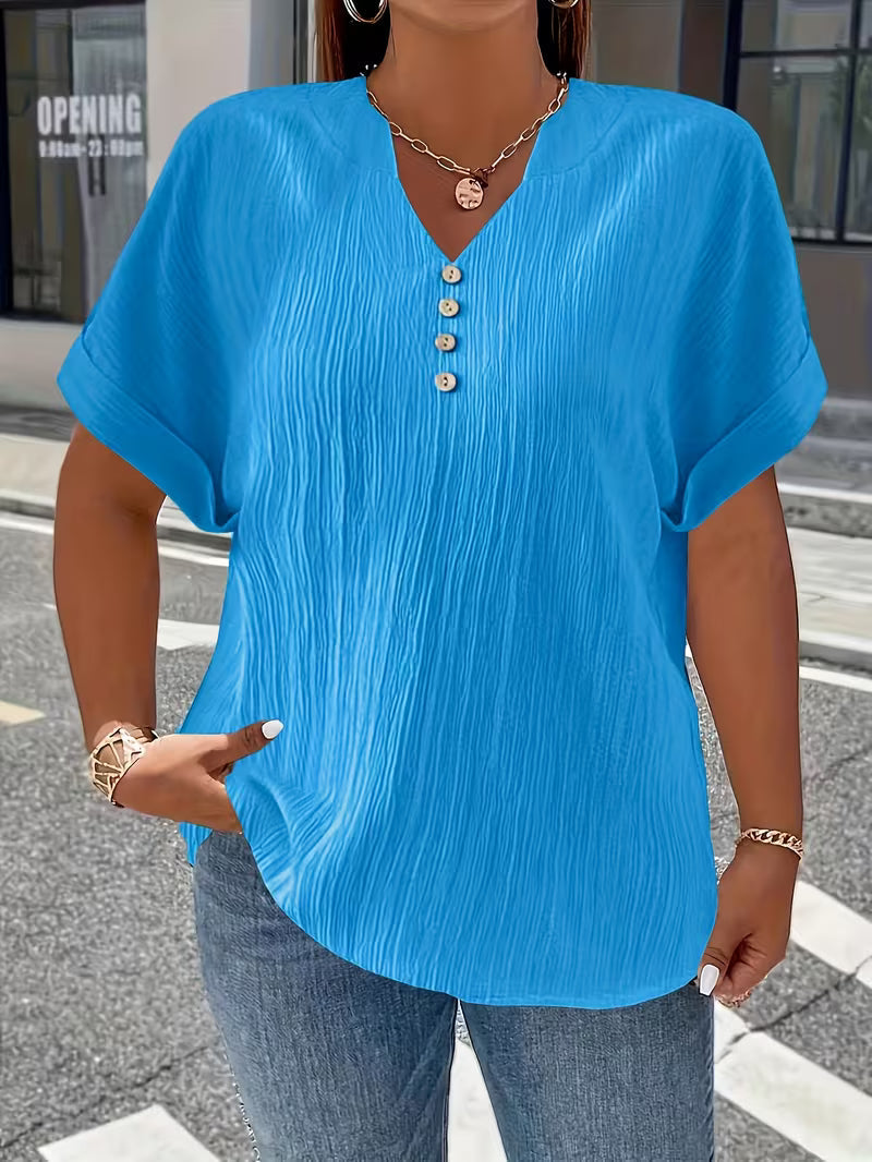 Mrella | T-Shirt with V-Neck Button Front Texture