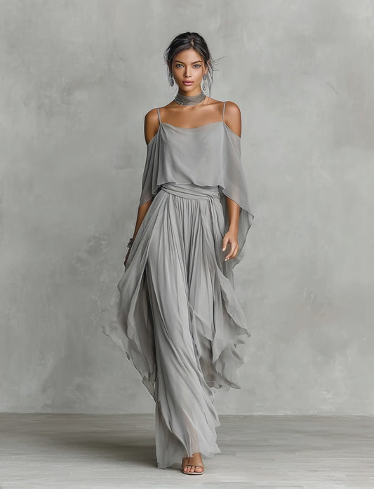 Roneeta | Gray Cold Shoulder Chiffon Set