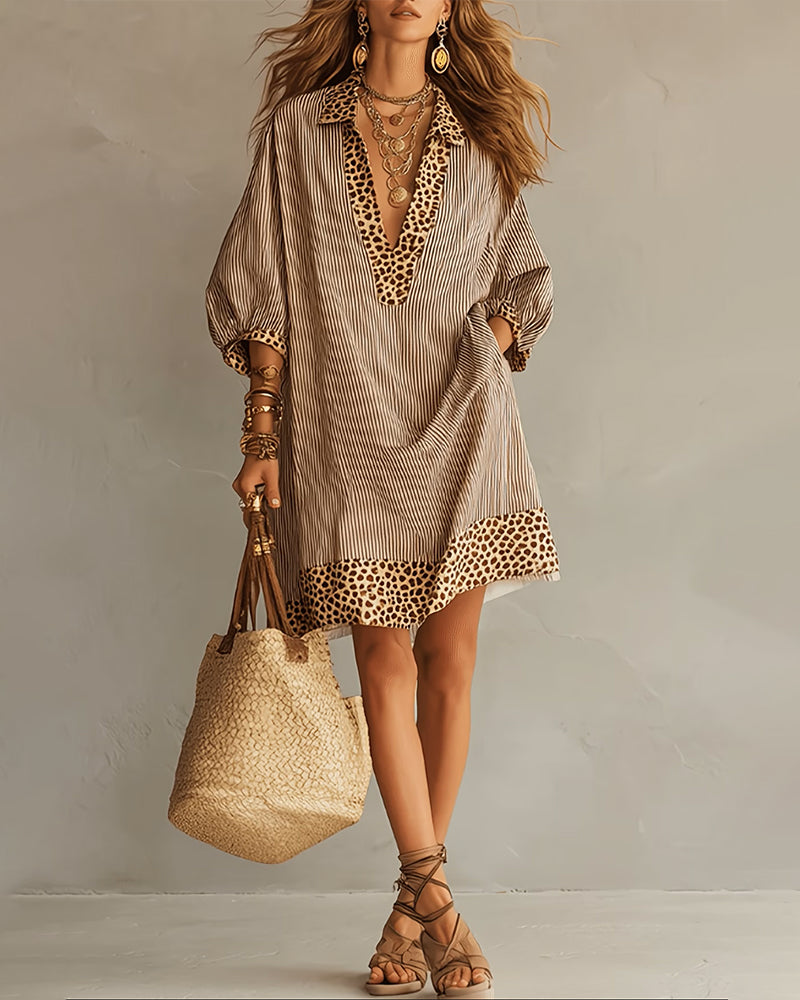 Marget | Mini Dress Striped Leopard Panel Puff Sleeves