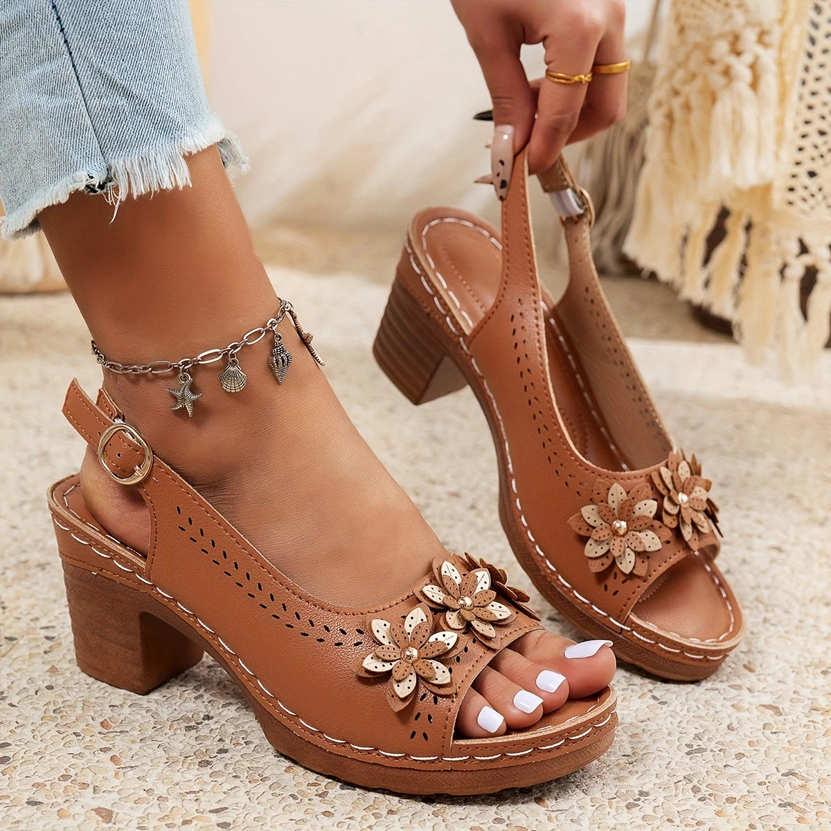 Haisley | Slingback Block Heel Floral Sandals