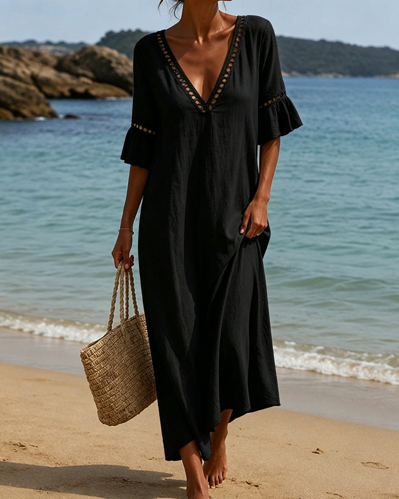 Nellina | Maxi Dress Deep V-Neck Ruffle Sleeves