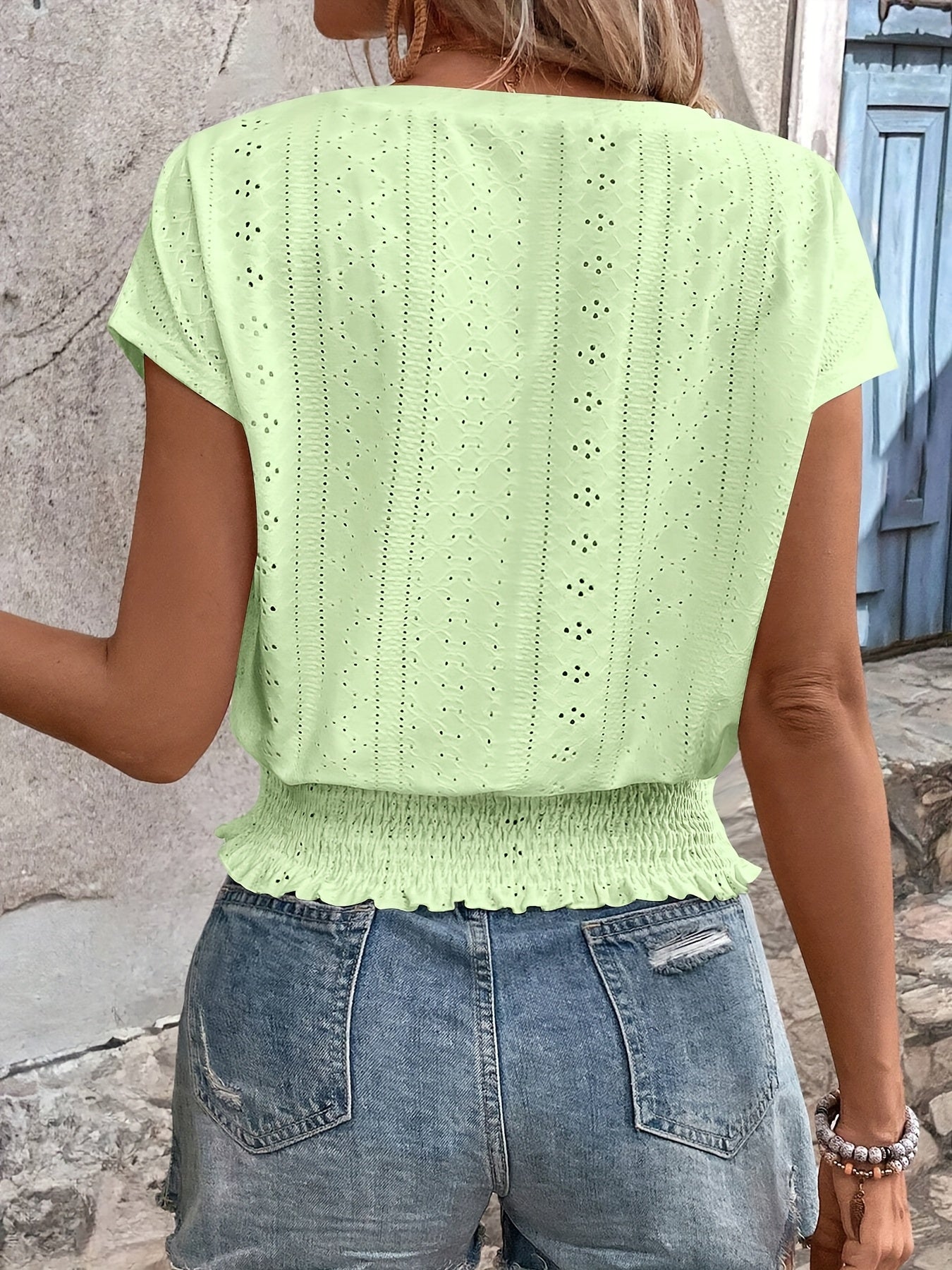 Delores - V Neck Batwing Eyelet Hem Top