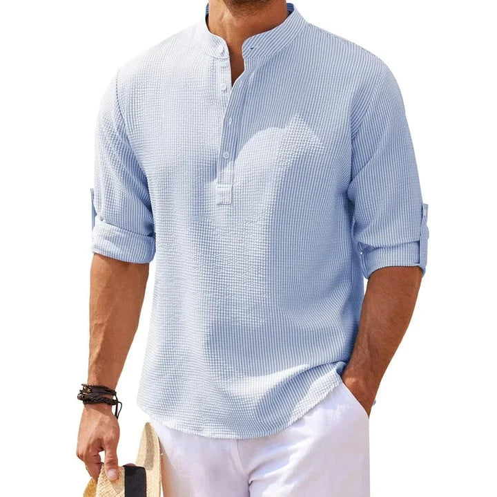 Tjeerd | Textured Henley Stand Collar Shirt