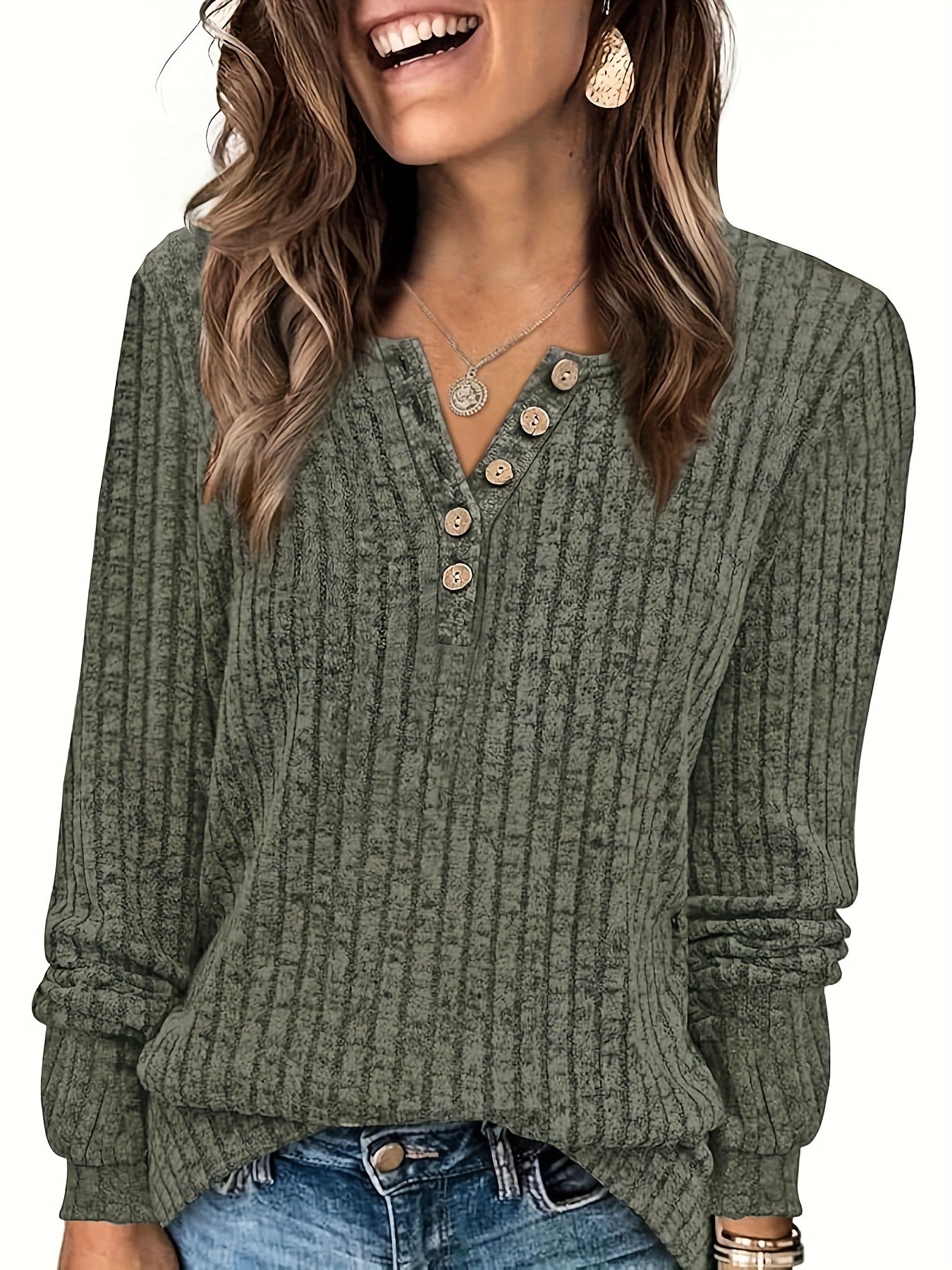 Roweelle | Ribbed Long Sleeve Button Henley Top