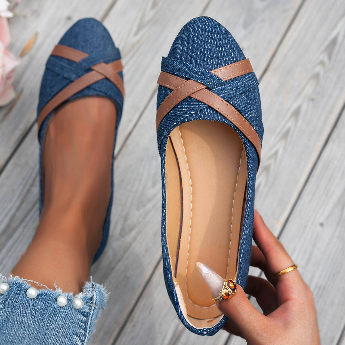 Shakina | Denim-Style Cross Strap Flats