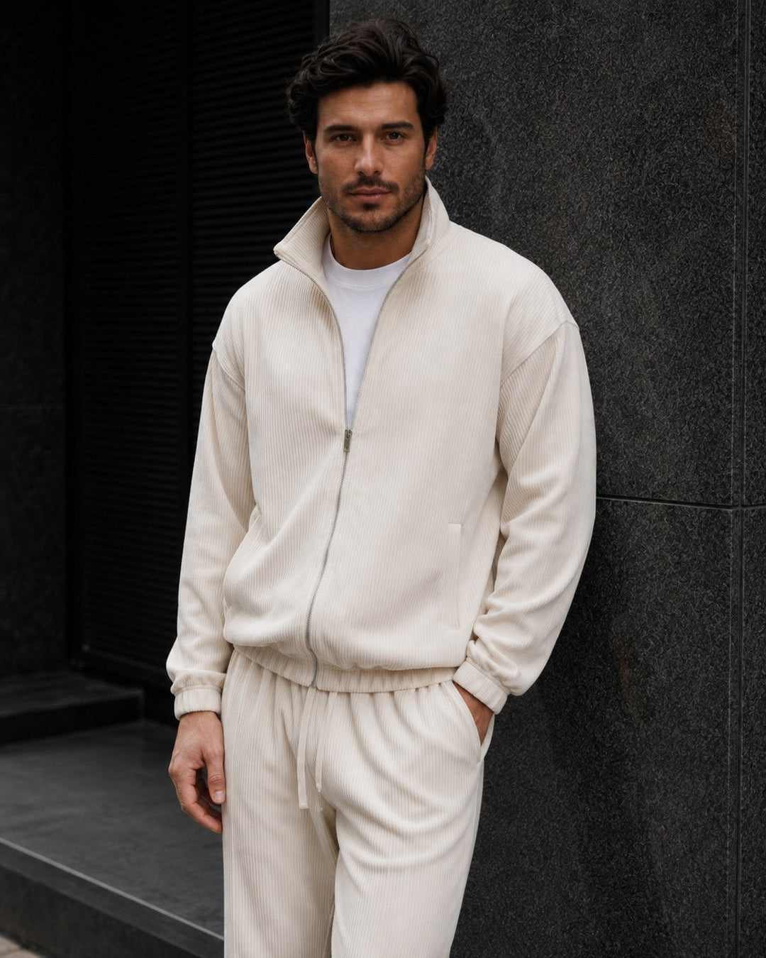 Thomsen | Tracksuit With Cream Ribbed Texture Stand Collar