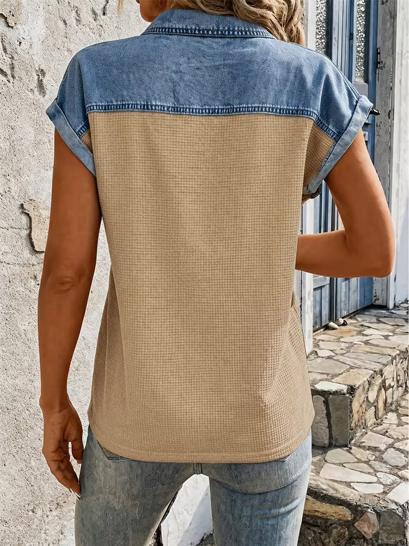 Haily | Denim Patchwork Collared Short Sleeve Top