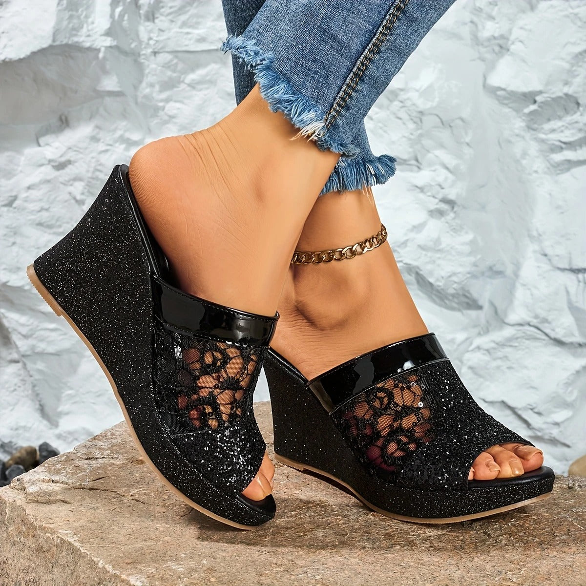 Alexis | Wedge Sandals With Lace Glitter Strap