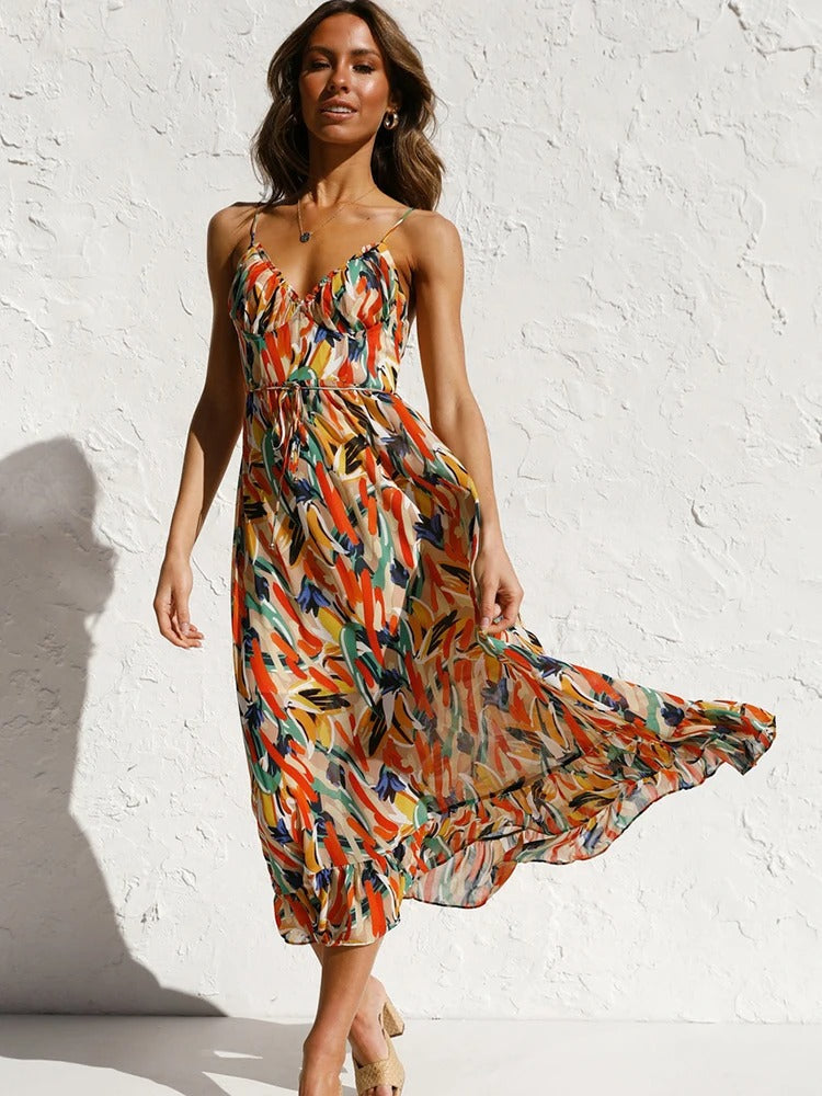 Emmeline | Printed Sleeveless V Neck Midi Dress