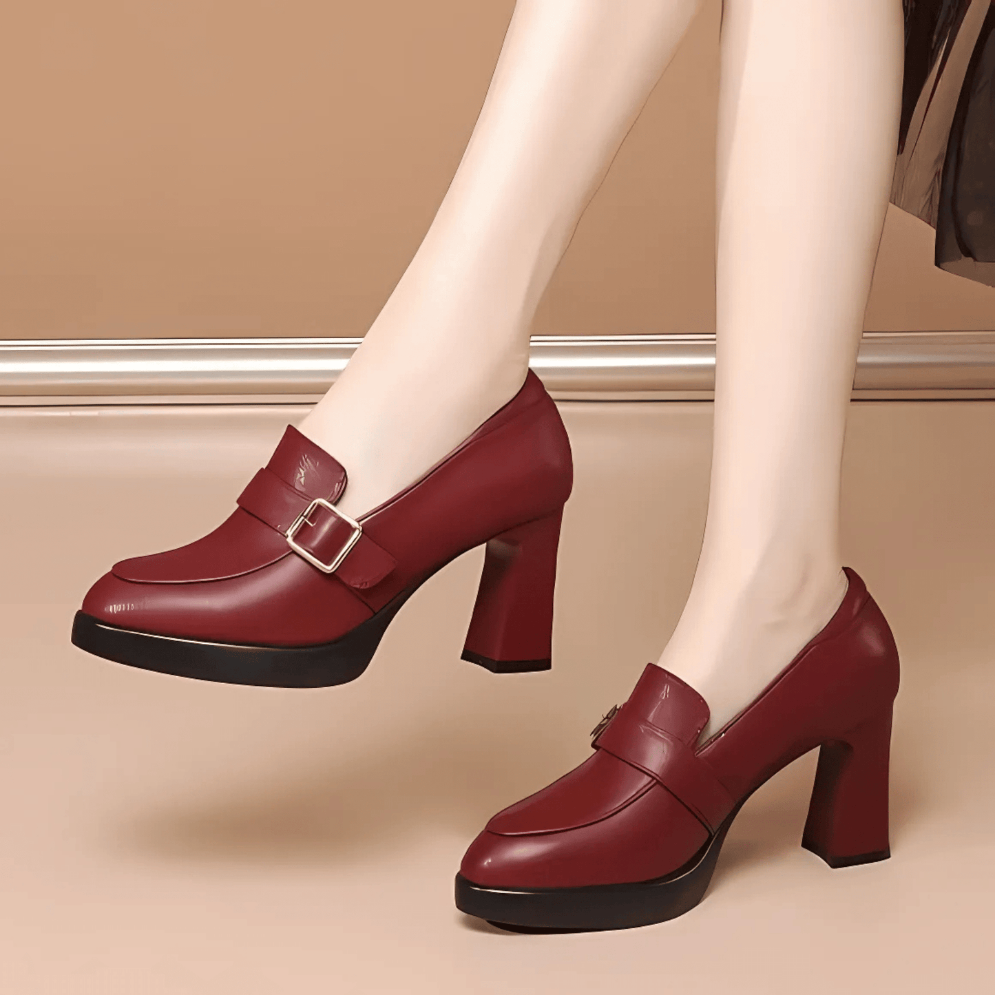 Lueena | Block Heel Round Toe Buckle Pumps