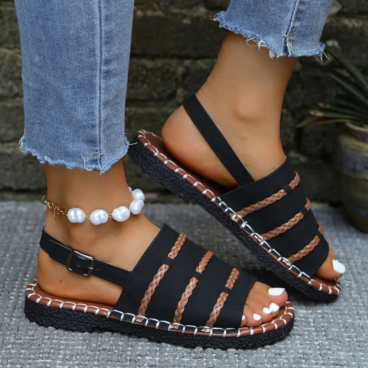 Samela | Braided Strap Buckle Flat Sandals