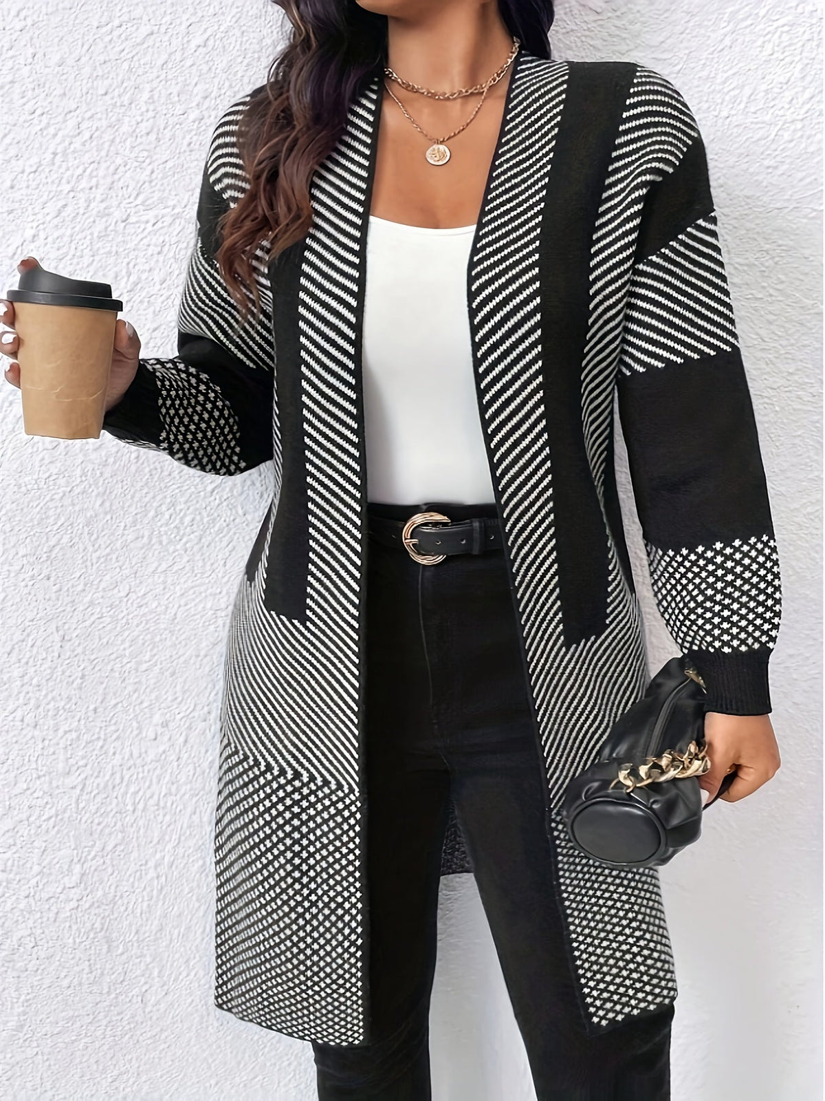 Liliyicia | Longline Geometric Knit Open Front Cardigan