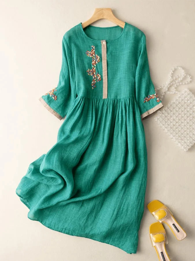 Ruth - Embroidered Midi Dress Three Quarter Sleeves