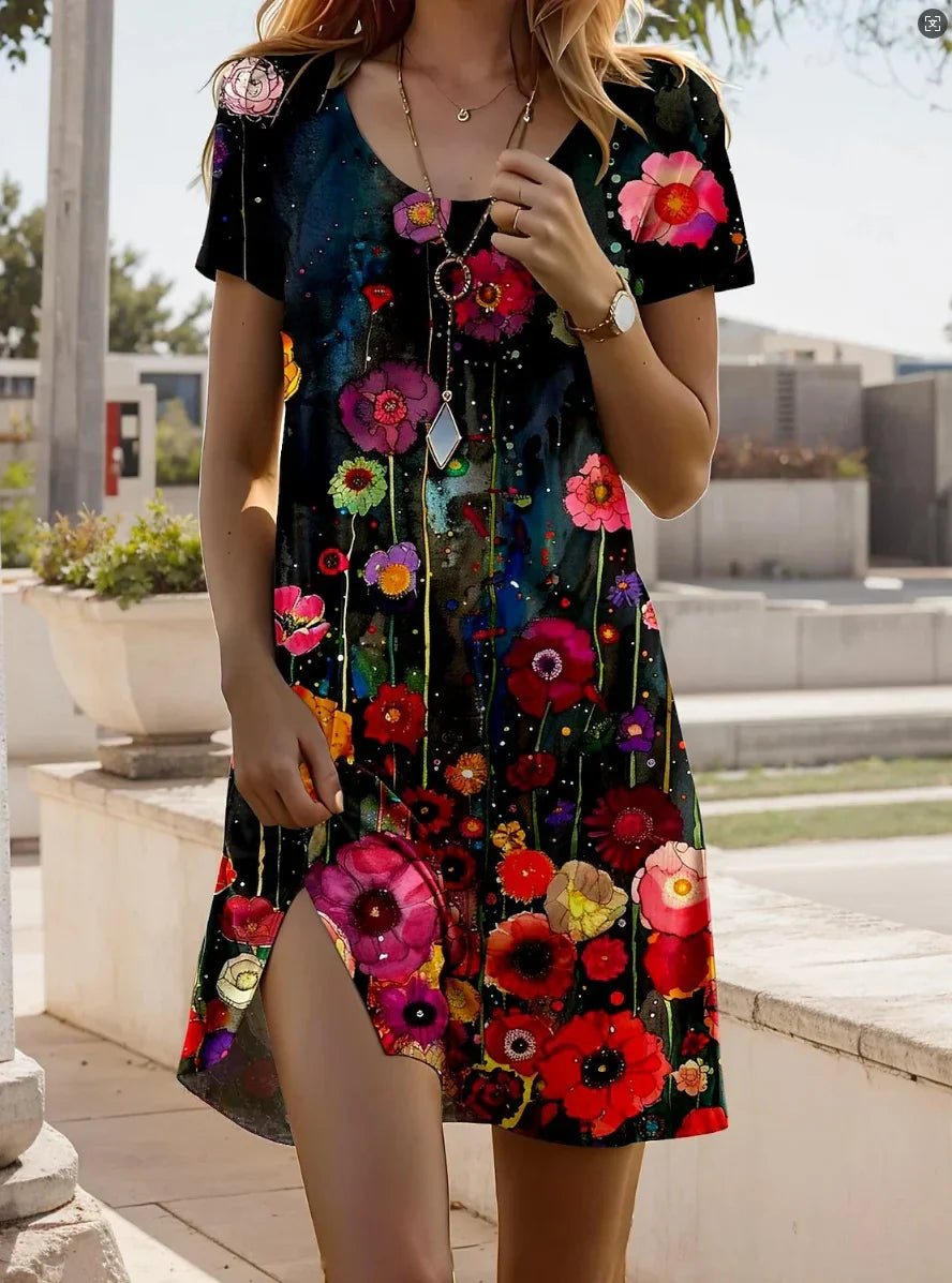 Linnea | Short Sleeve Printed V-Neck Shift Dress
