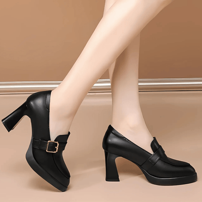 Lueena | Block Heel Round Toe Buckle Pumps