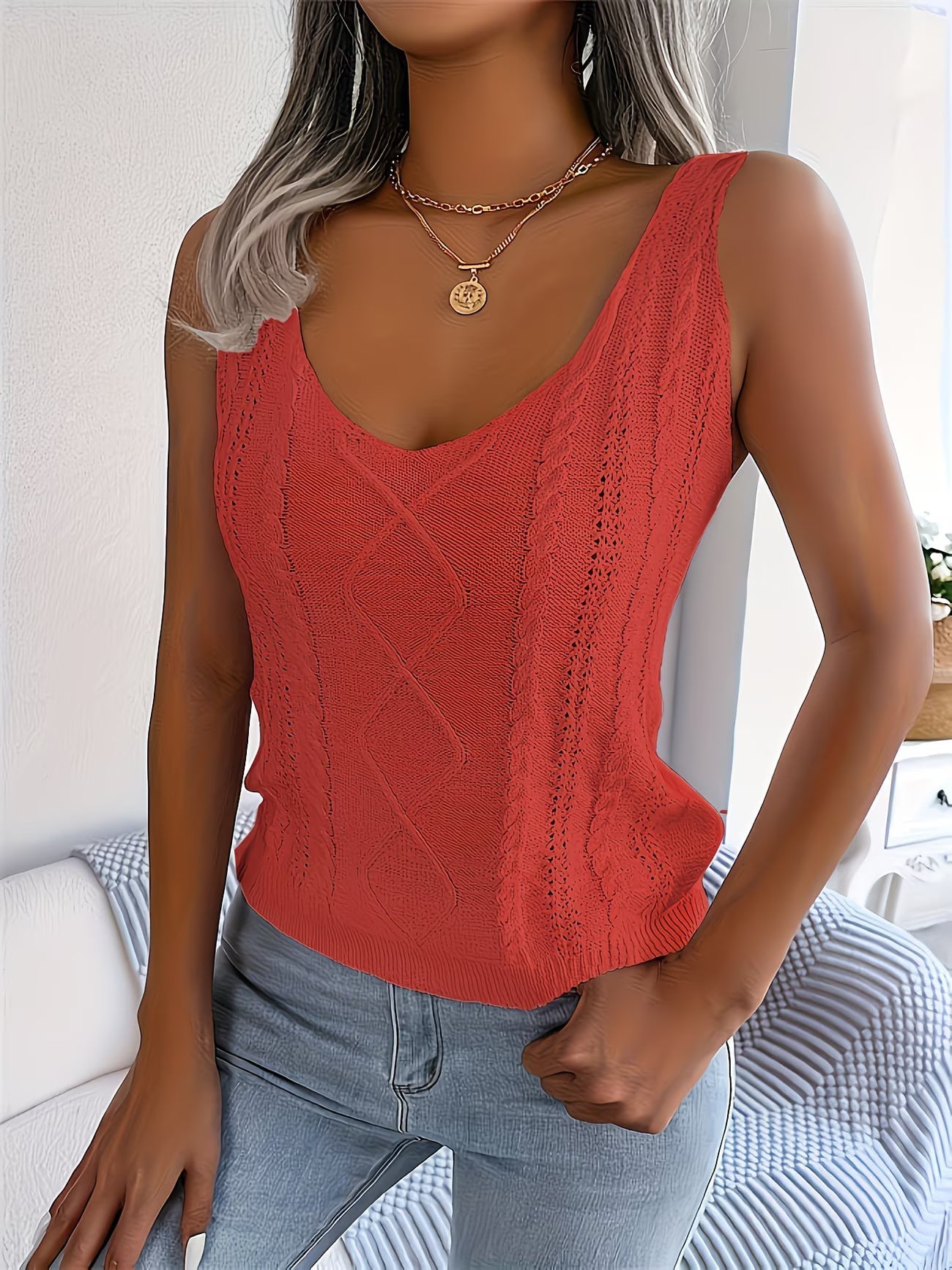 Nayla | Cable Knit V-Neck Sleeveless Sweater Top