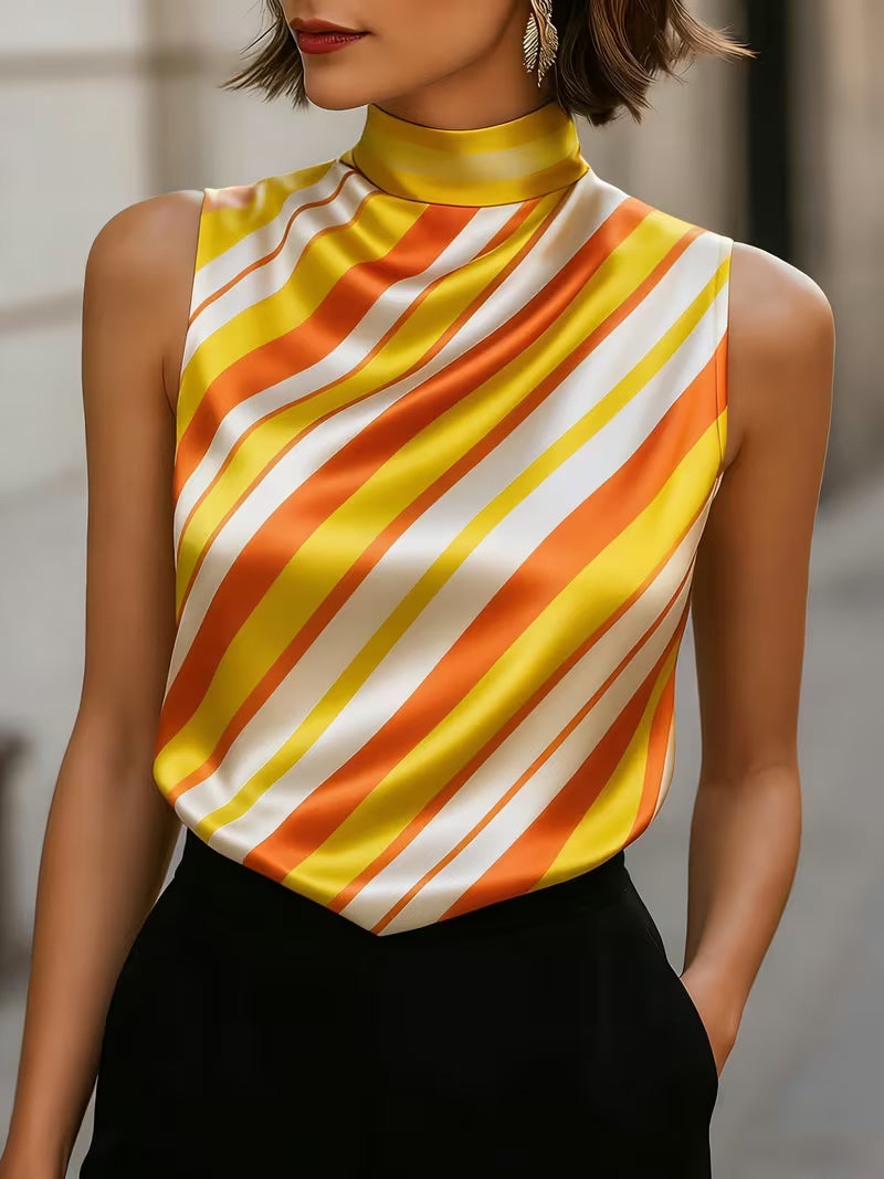Alyza | Striped Satin High-Neck Sleeveless Top