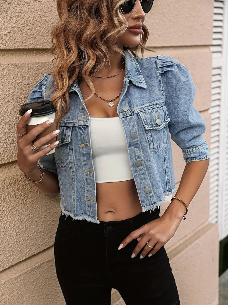 Louise | Cropped Denim Jacket With Puff Sleeves