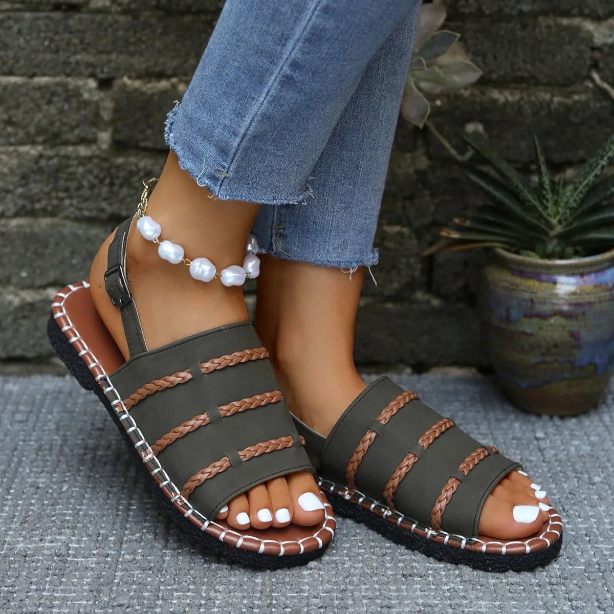 Samela | Braided Strap Buckle Flat Sandals