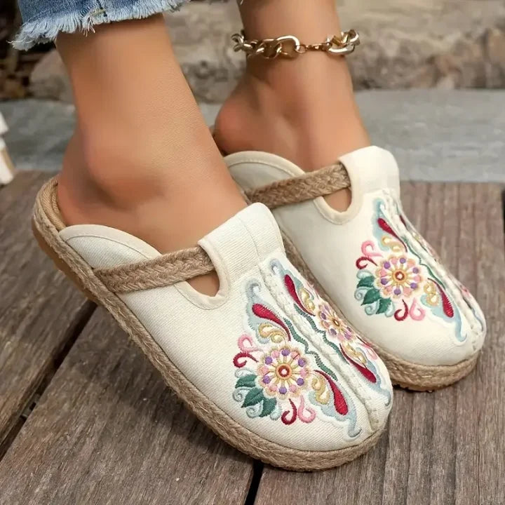 Katy | Floral Embroidered Slip-On Canvas Mules