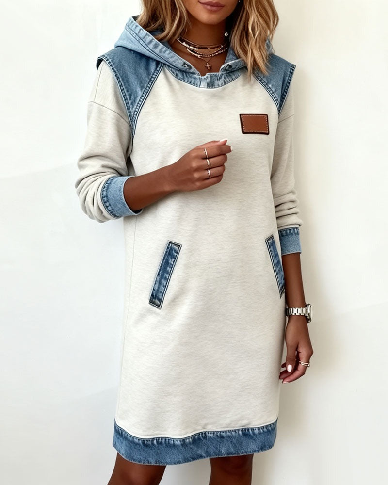 Viktoria - Hooded Denim Trim Sweatshirt Dress