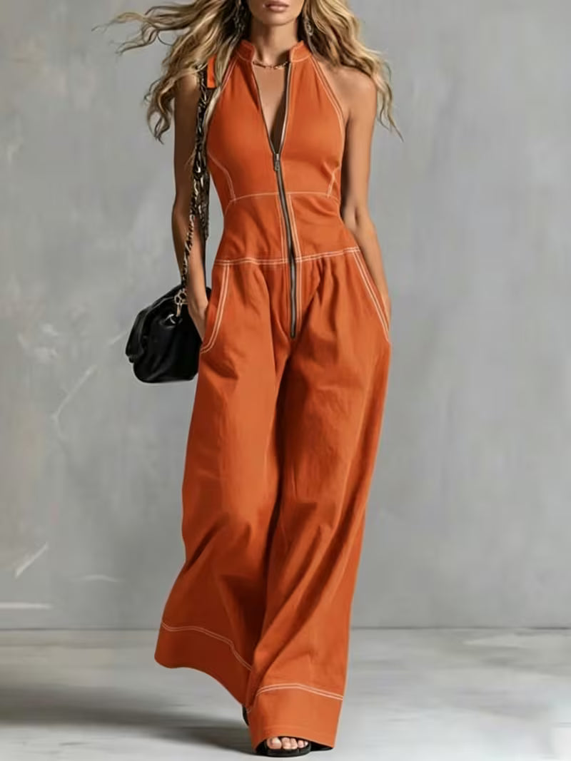 Bryana | Front Zip Patchwork Striped Jumpsuit