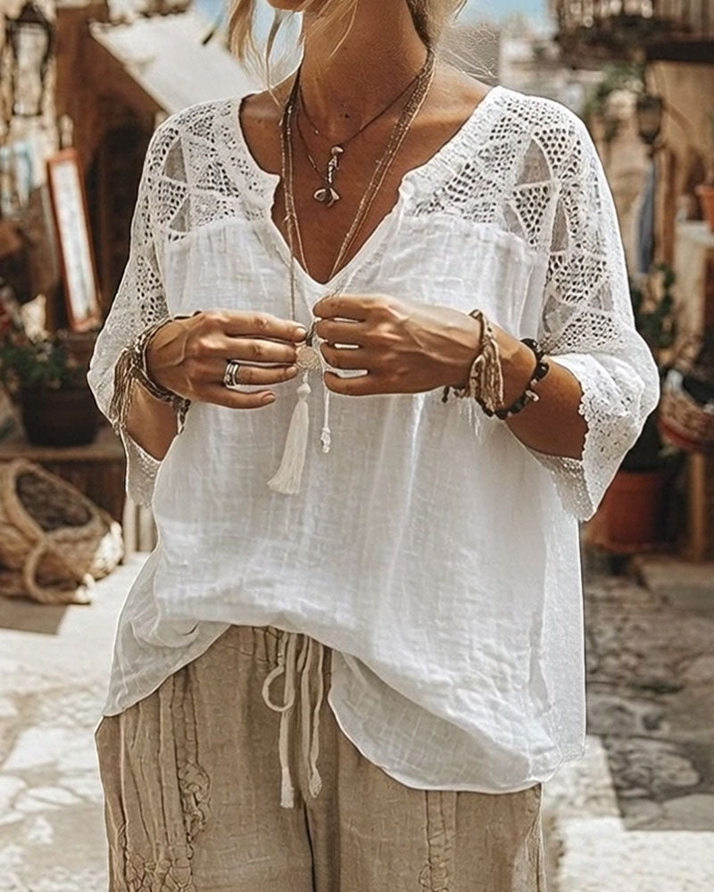 Essien - V Neck Lace Sleeve Loose Fit Blouse