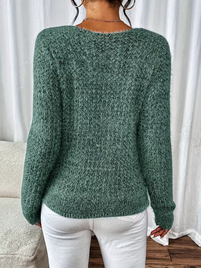 Aderah | Textured V-Neck Long Sleeve Knit Sweater