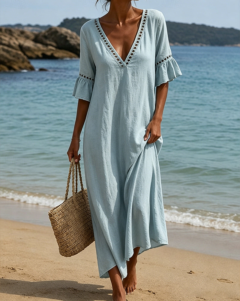 Nellina | Maxi Dress Deep V-Neck Ruffle Sleeves