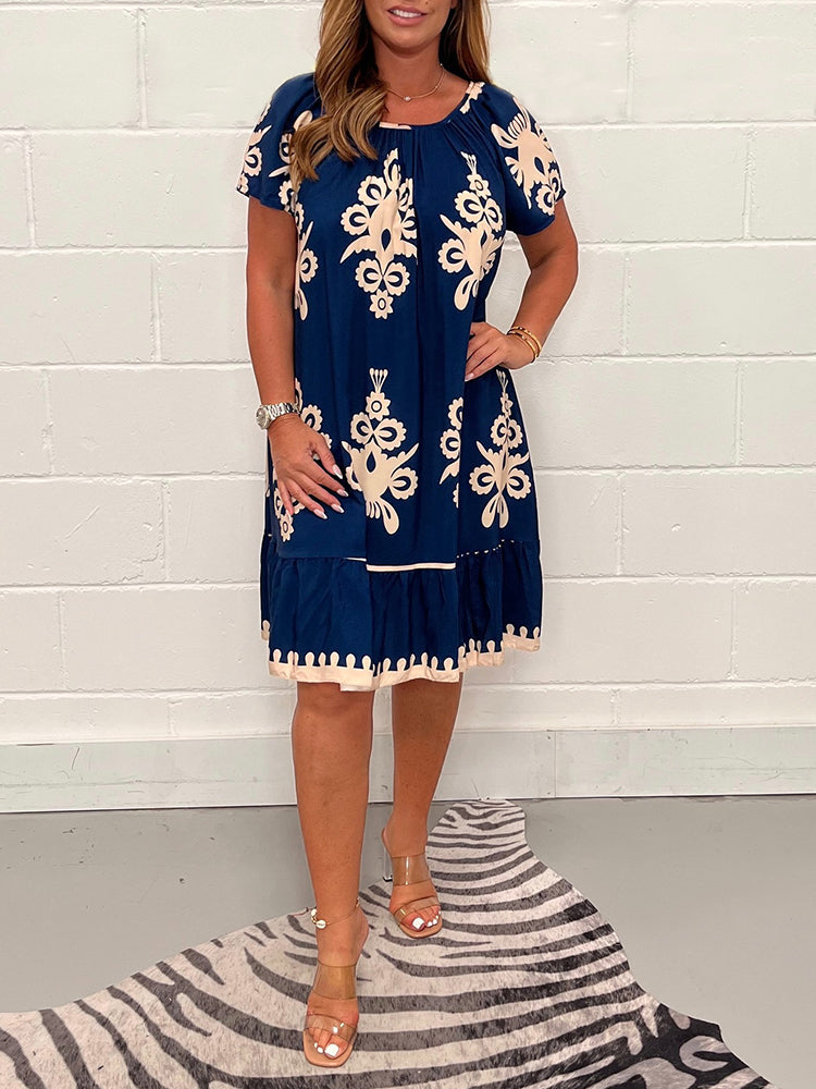 Gulfiya - Embroidered Print Round Neck Smock Dress