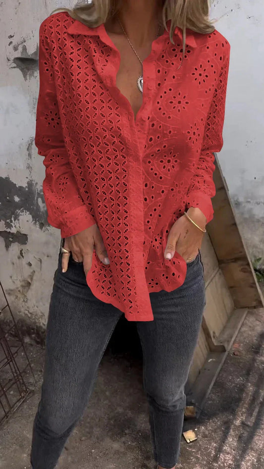 Tommie | Eyelet Button-Up Long Sleeve Blouse