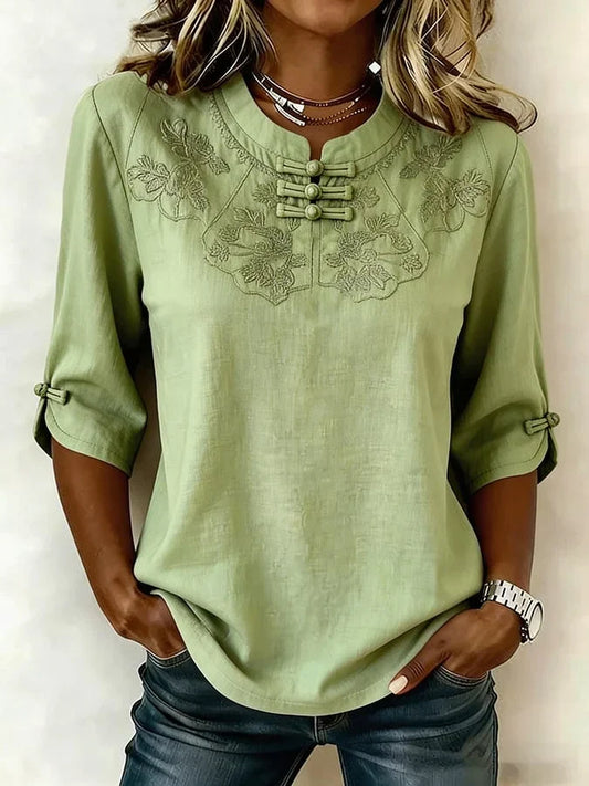 Nozilia - Floral Embroidered Half Sleeve Blouse