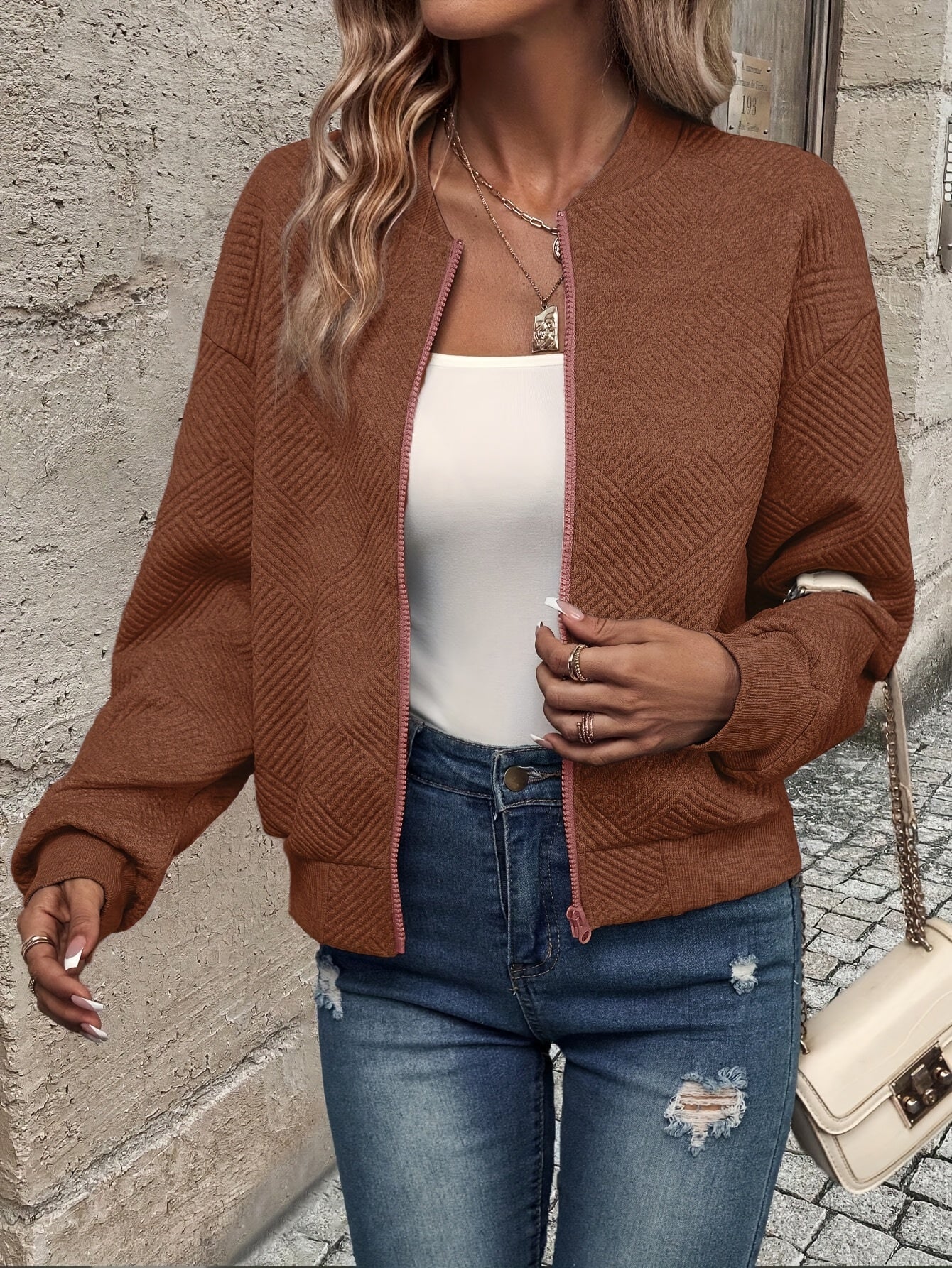 Jemma | Textured Long Sleeve Zip-Up Jacket