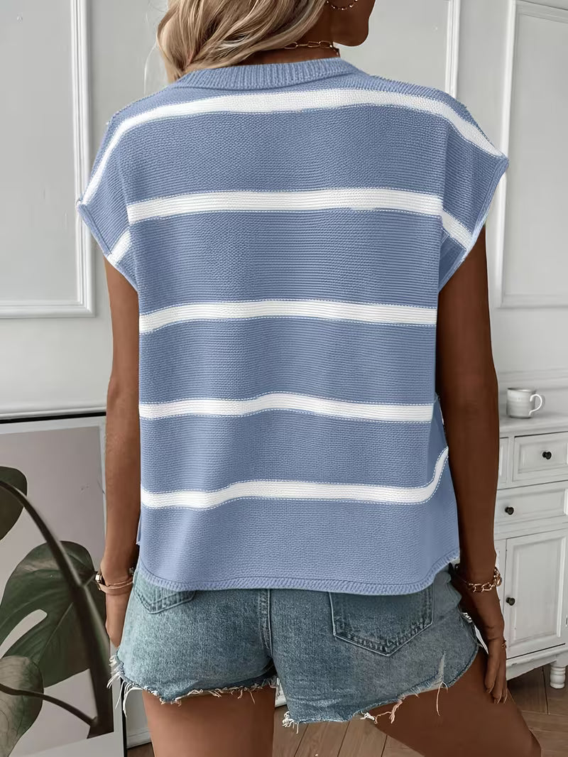 Enila | Striped Knit Sweater with Short Sleeves