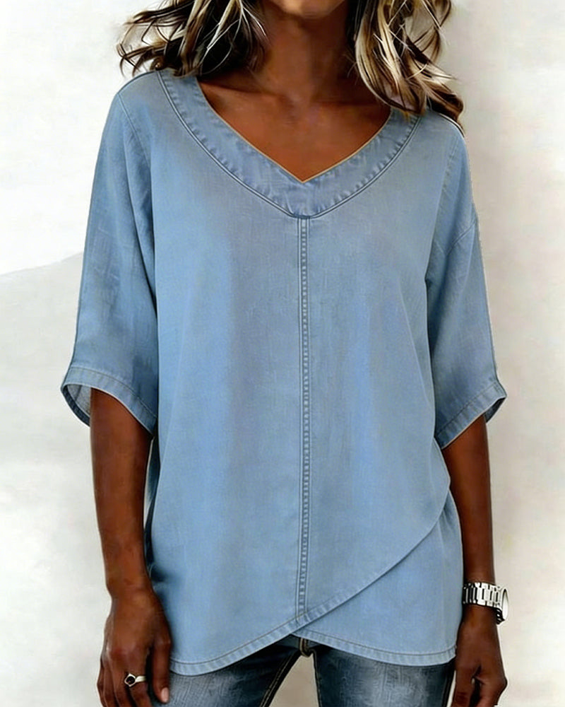Laritza | Denim Style V Neck Overlap Top