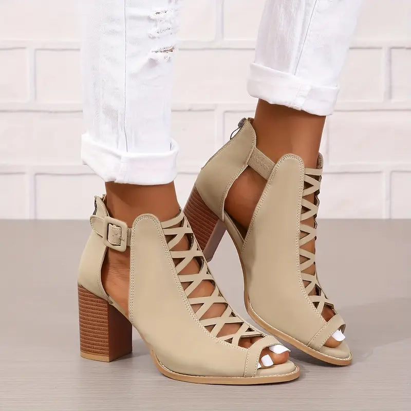 Ruzilya | Peep Toe Lace-Up Chunky Heel Sandals