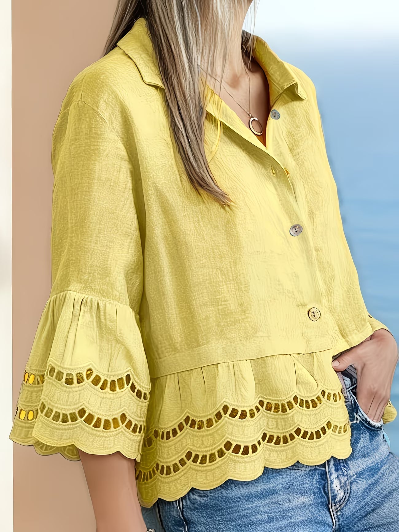 Solenn | Long Sleeve Ruffle Hem Button Blouse