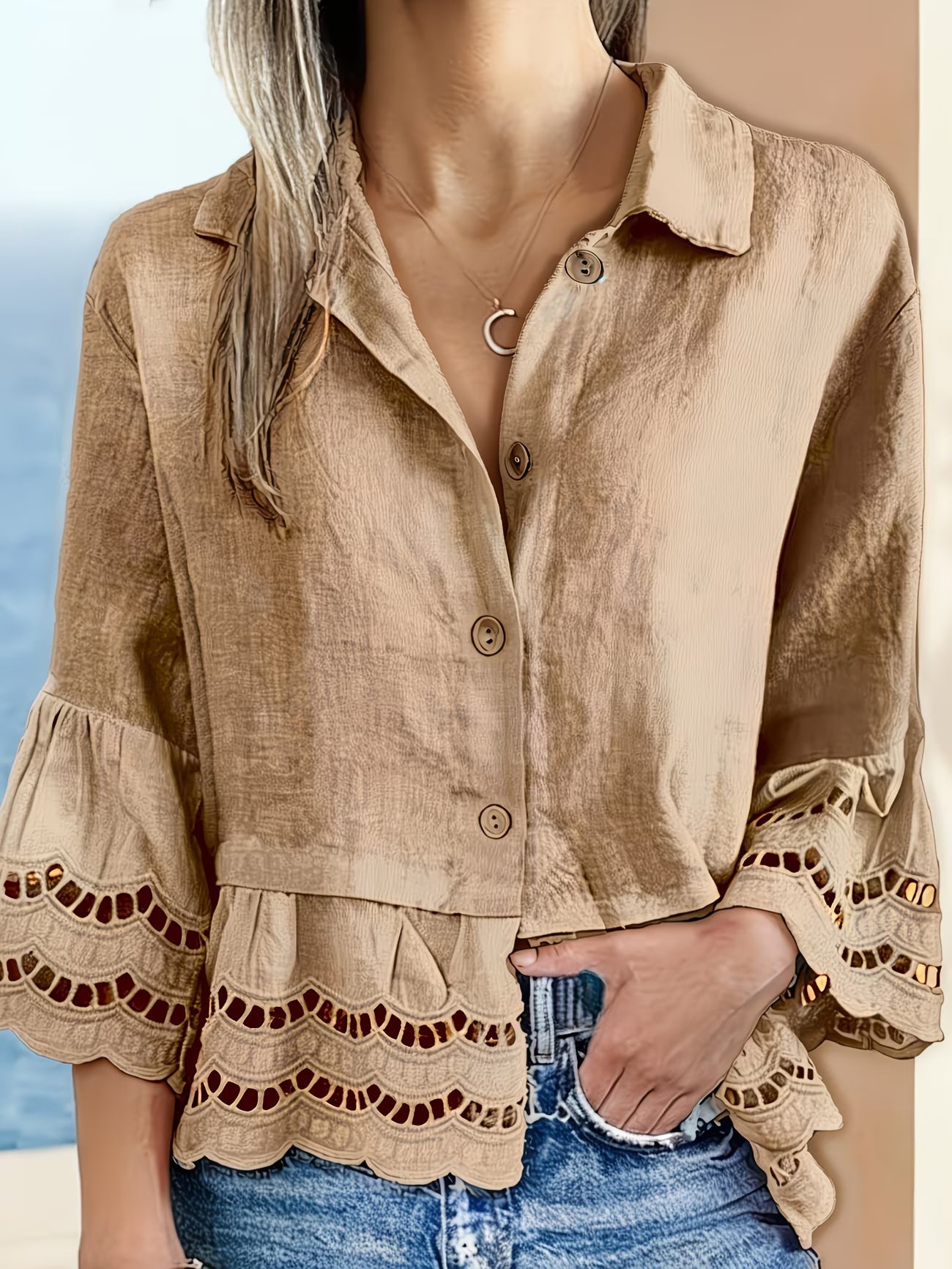 Solenn | Long Sleeve Ruffle Hem Button Blouse