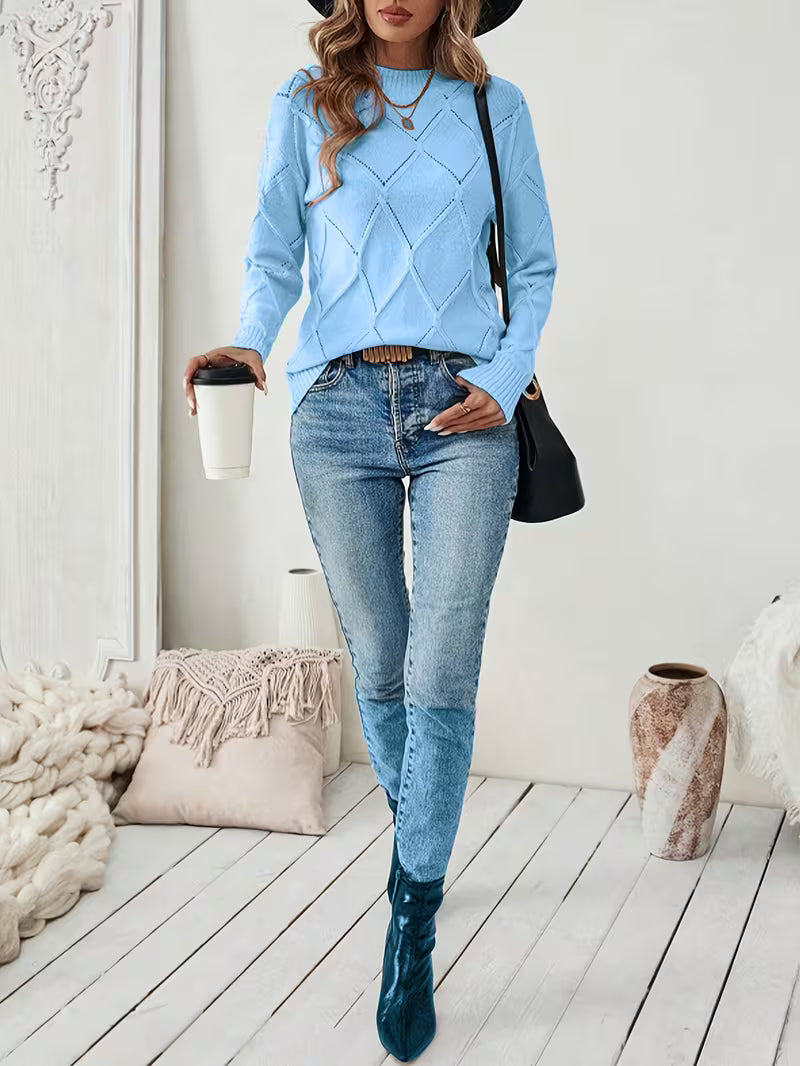 Sireanicia | Round Neck Diamond Knit Sweater in Sky Blue